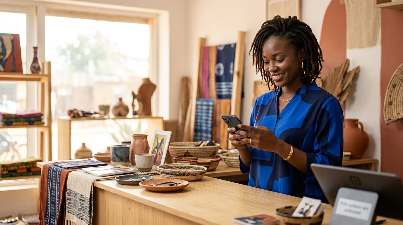 Entrepreneuse ouest-africaine consultant son téléphone dans sa boutique