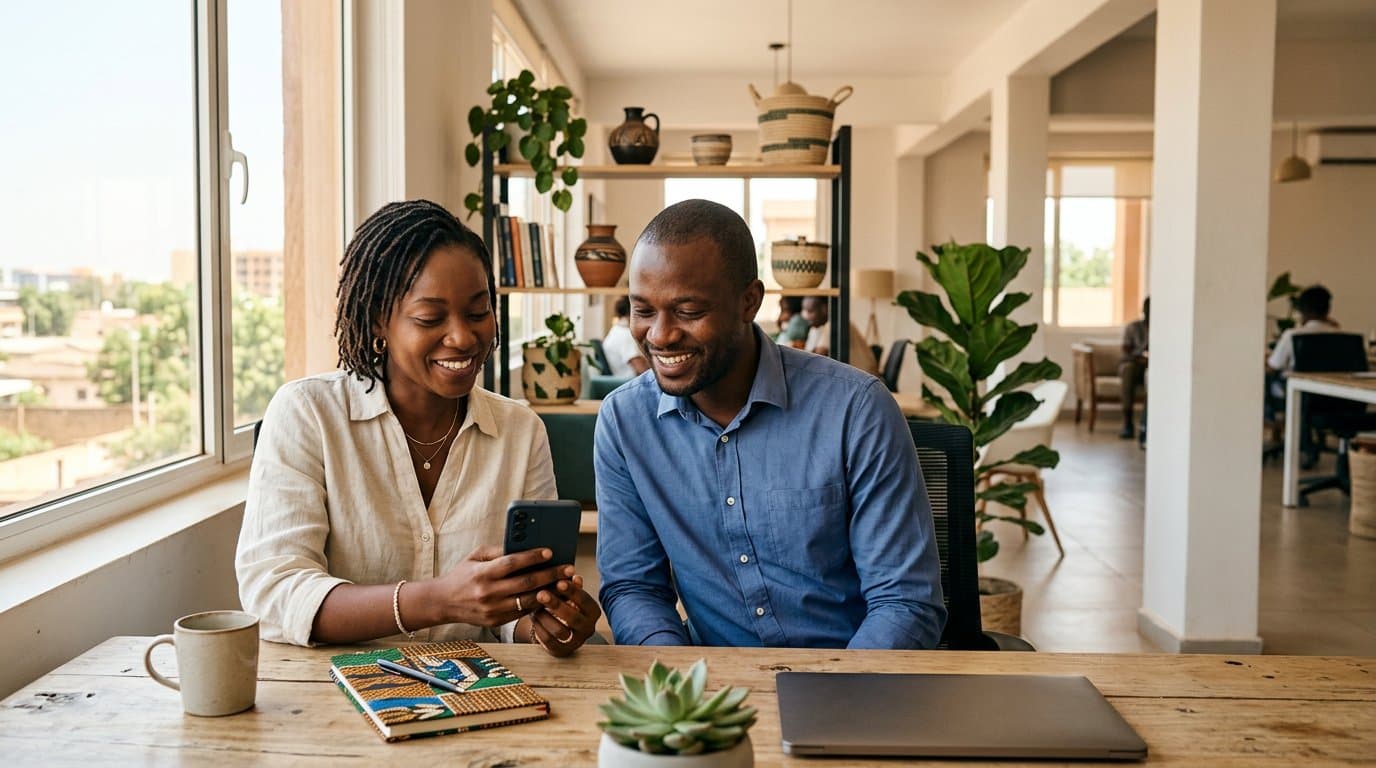 Deux entrepreneurs ouest-africains échangent autour d’un téléphone